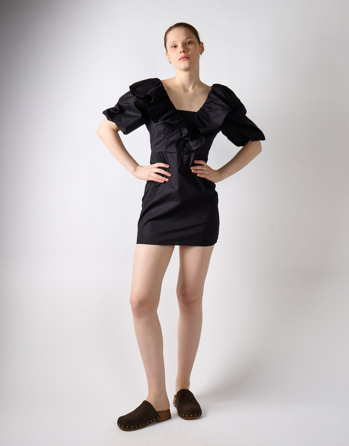 Glamorous Black Ruffle Puff Shoulder Mini Dress