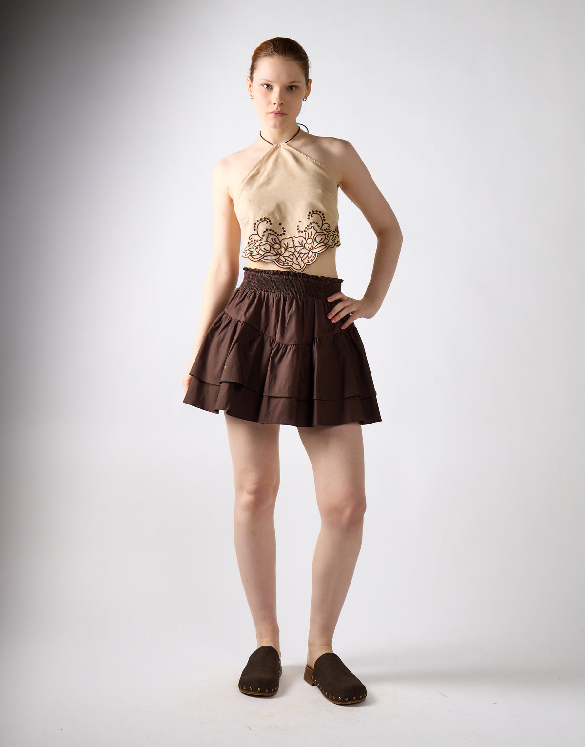 Beige Suedette-Brown Halter-Neck Crop-Top