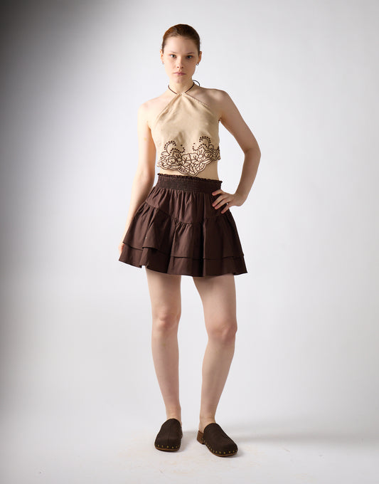 Beige Suedette-Brown Halter-Neck Crop-Top