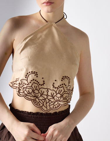 Beige Suedette-Brown Halter-Neck Crop-Top