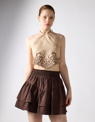 Beige Suedette-Brown Halter-Neck Crop-Top