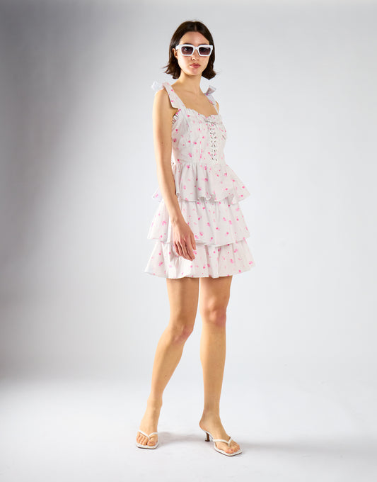 White Pink Floral Tiered Corset Mini Dress