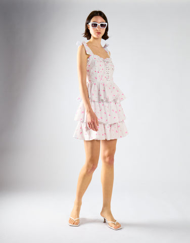 White Pink Floral Tiered Corset Mini Dress