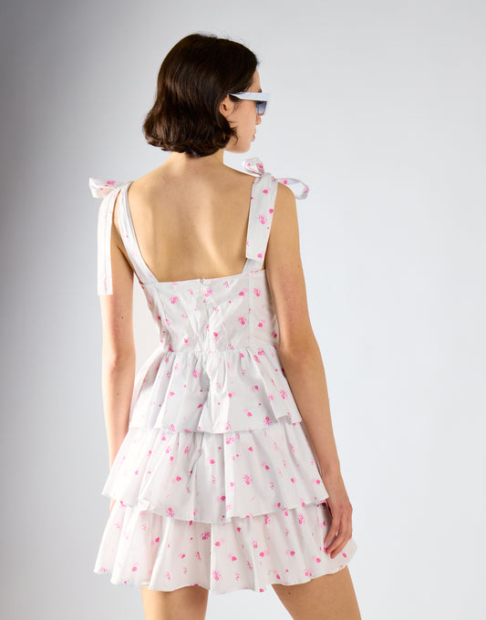 White Pink Floral Tiered Corset Mini Dress