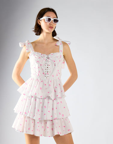 White Pink Floral Tiered Corset Mini Dress