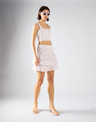 White Pink Floral Tiered Mini-Skirt