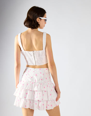 White Pink Floral Tiered Mini-Skirt