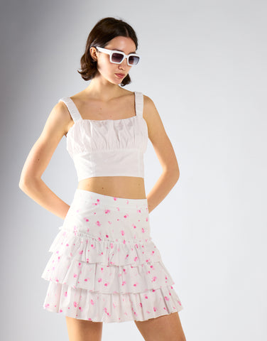 White Pink Floral Tiered Mini-Skirt
