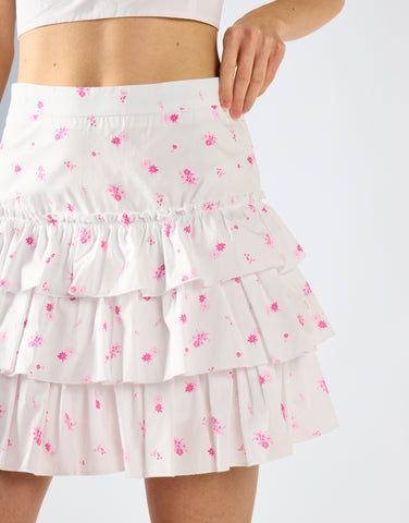 White Pink Floral Tiered Mini-Skirt