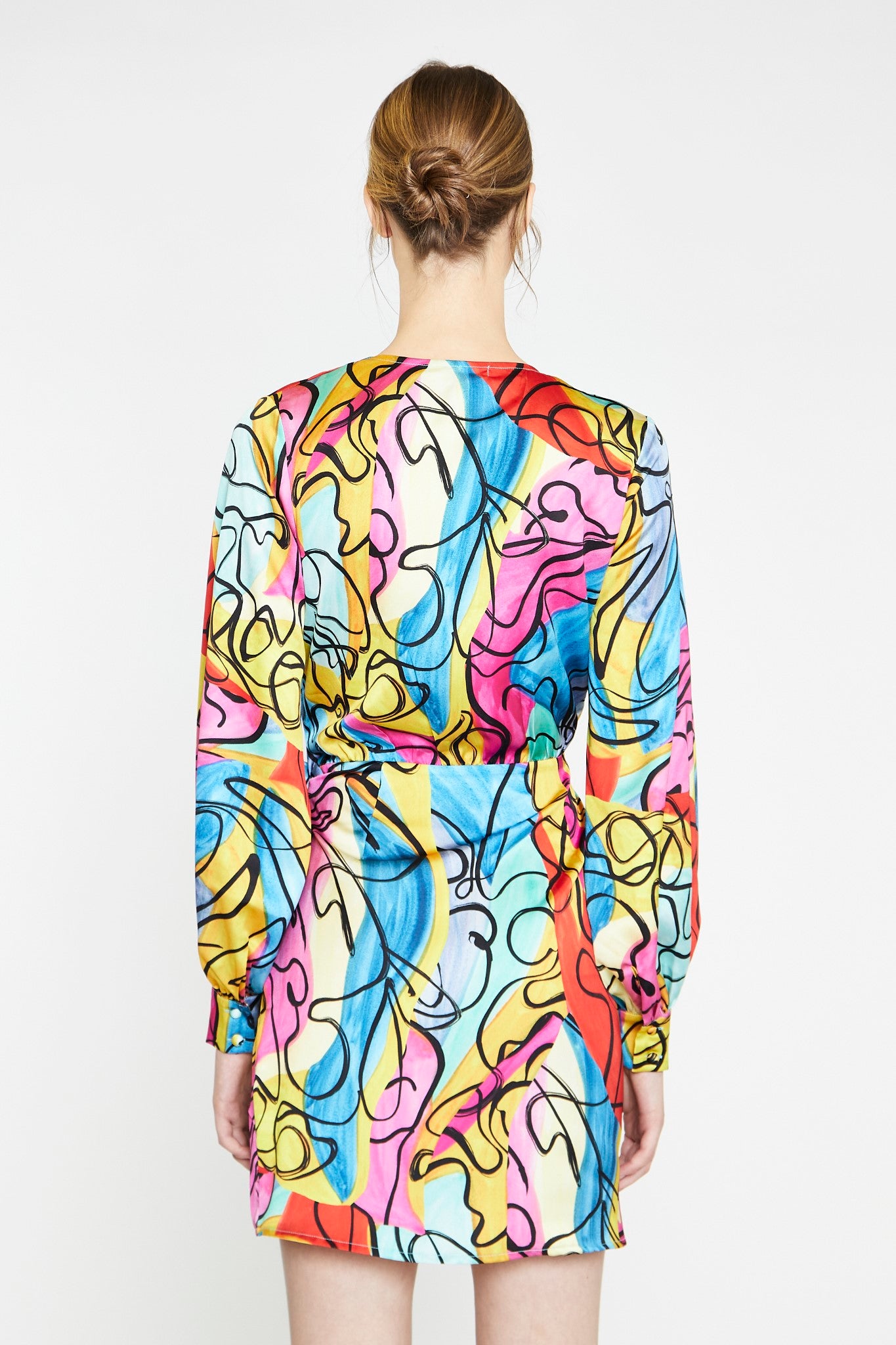 Multi-Abstract Scribble Wrap Mini-Dress