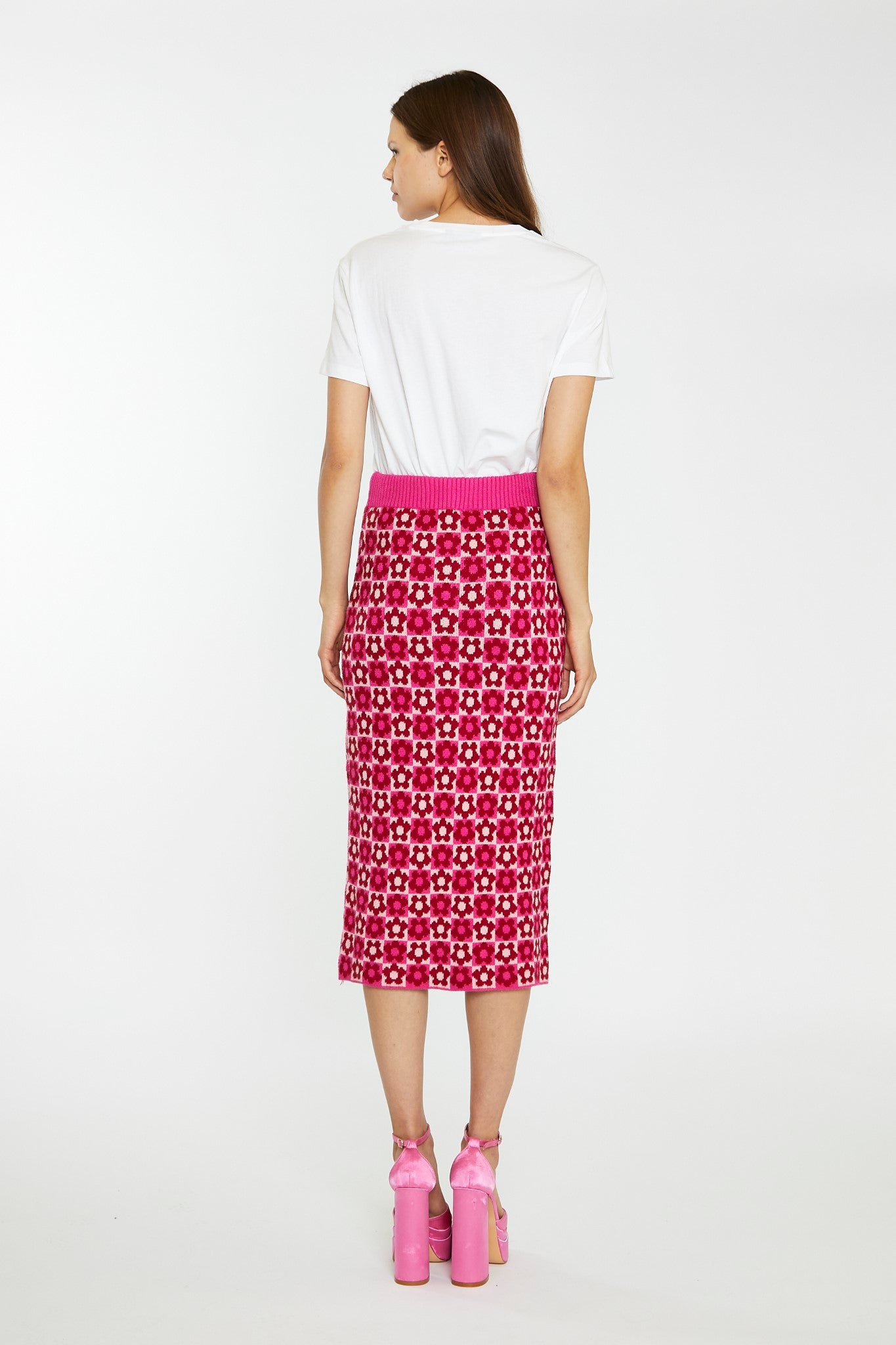 Red-Pink Flower Check Intarsia Knit Midi-Skirt