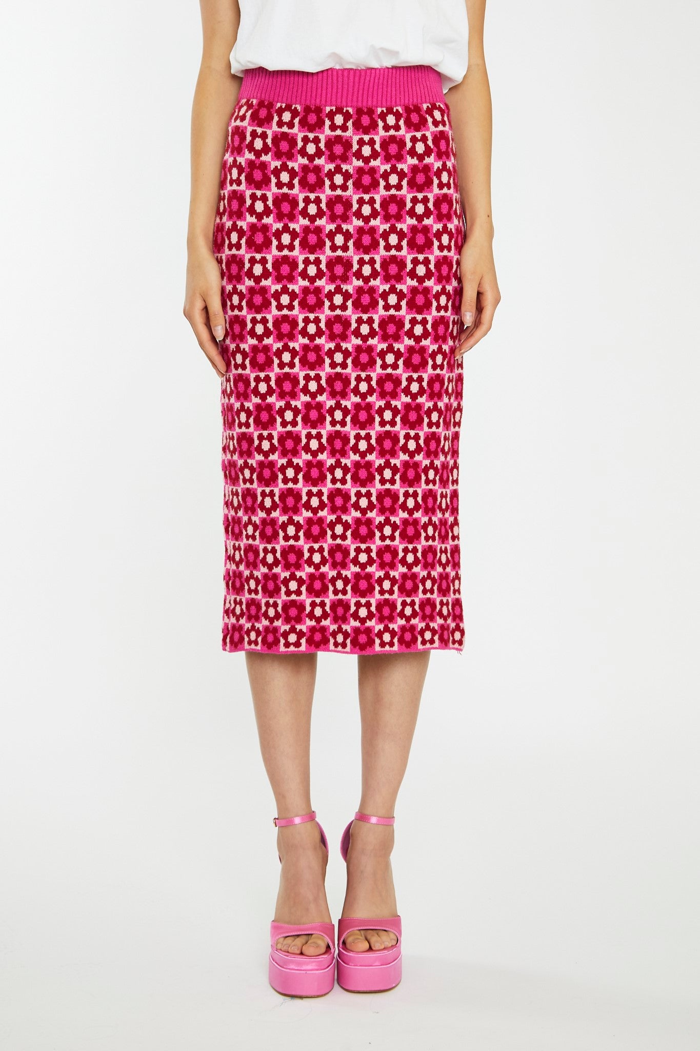 Red-Pink Flower Check Intarsia Knit Midi-Skirt