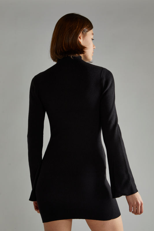 Black Flared Sleeve Knitted Mini-Dress