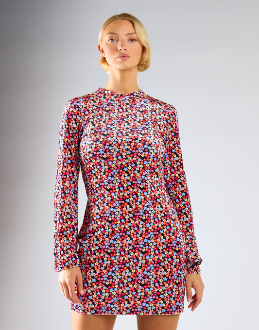 Multi-Ditsy-Velvet Long-Sleeve-Peplum Mini-Dress