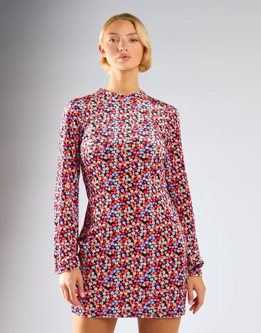 Multi-Ditsy-Velvet Long-Sleeve-Peplum Mini-Dress