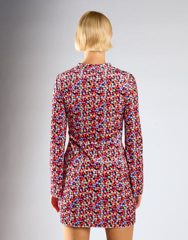 Multi-Ditsy-Velvet Long-Sleeve-Peplum Mini-Dress