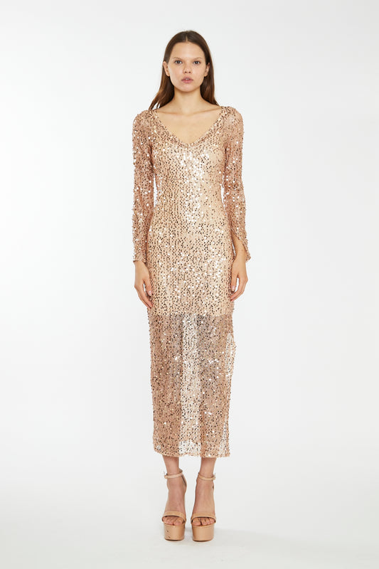 Rose-Gold Sequin Mesh V-Neck Maxi-Dress
