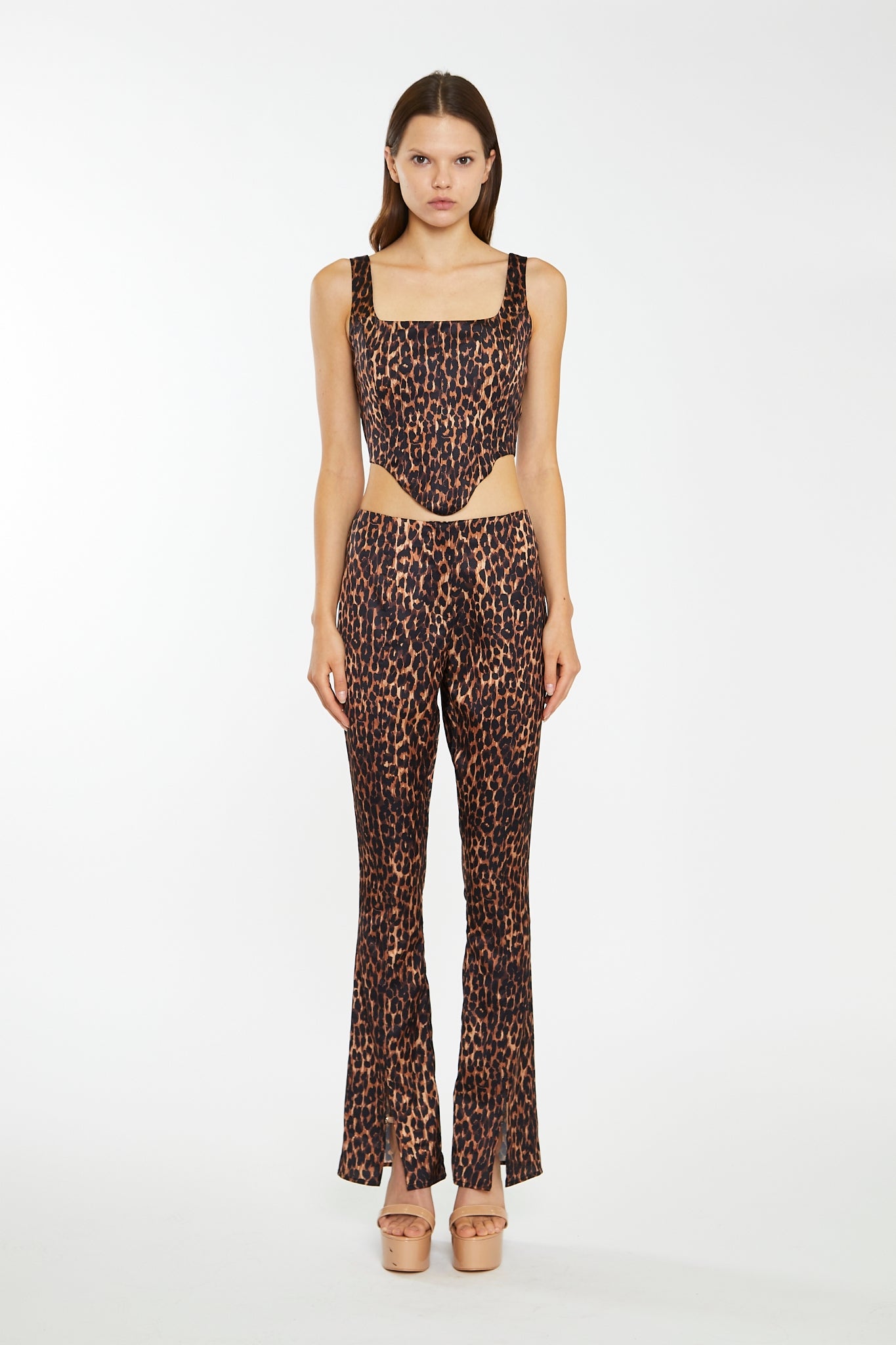 Brown-Leopard Split-Front Flared Trousers