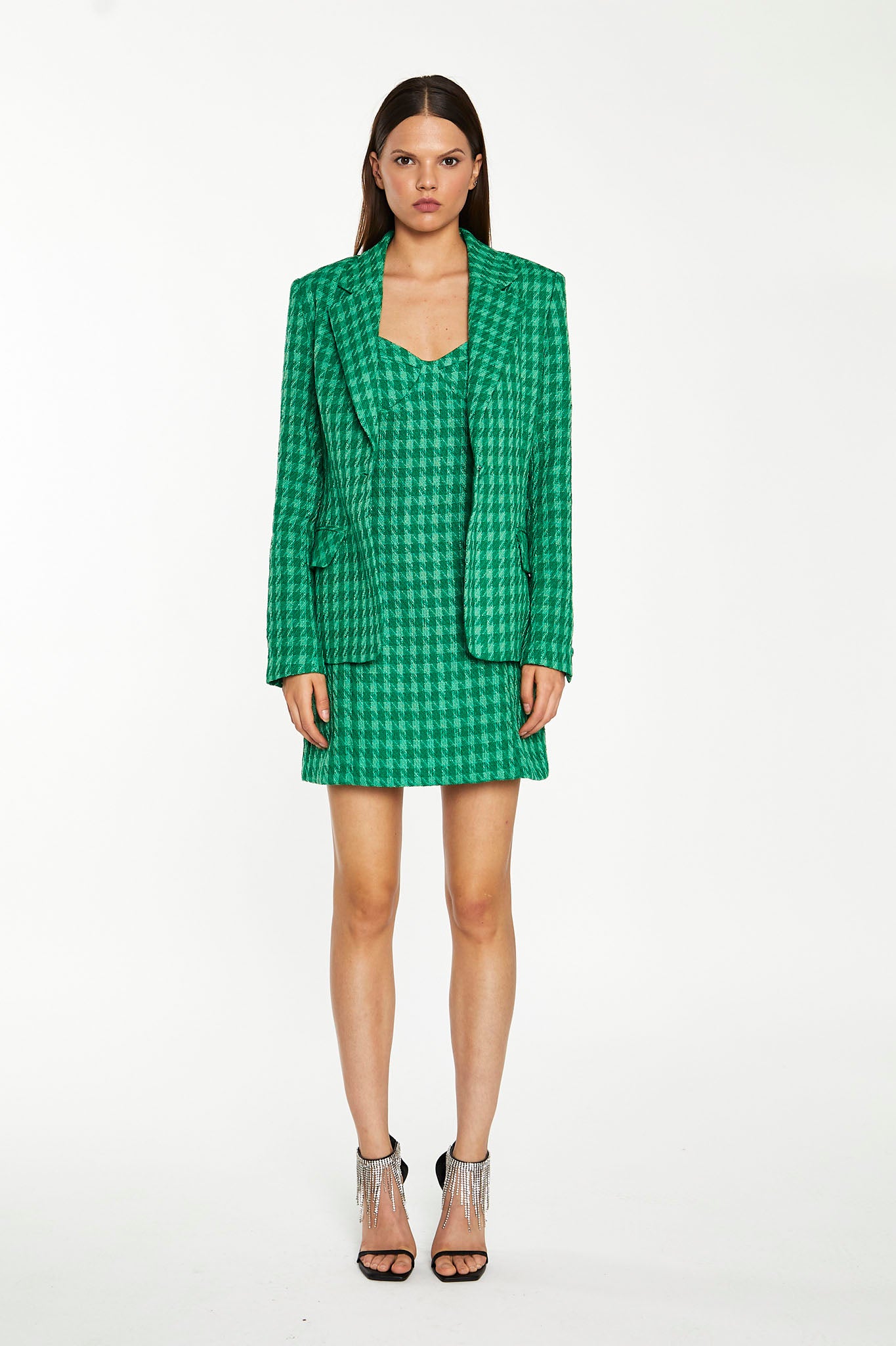 Green Tonal Houndstooth Fitted Blazer