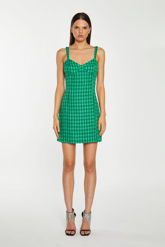 Green Tonal Houndstooth Tailored Mini-Dress