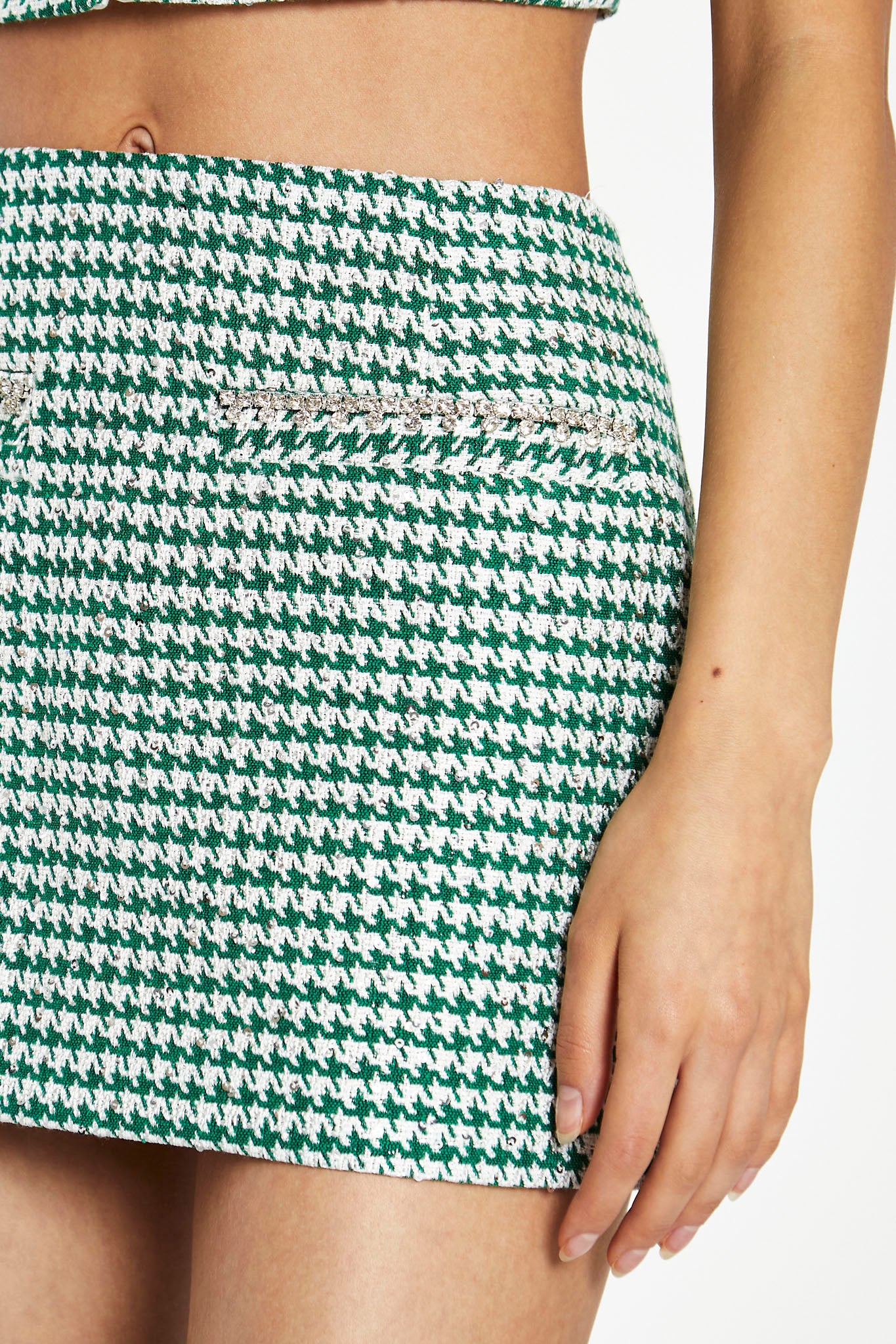 Green-White Houndstooth Diamante Trim Mini-Skirt
