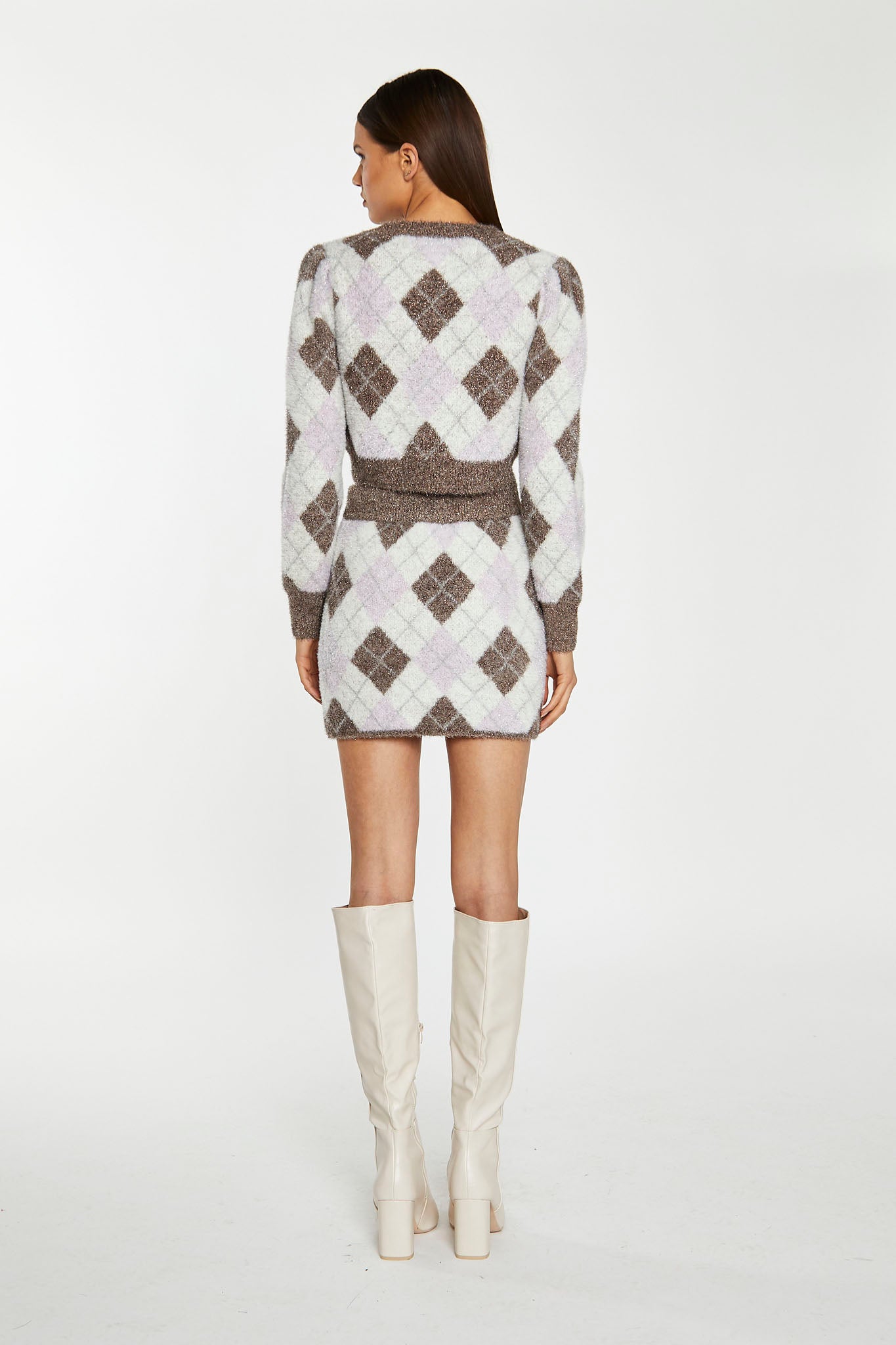 Brown Multi-Argyle Glitter Knit Mini-Skirt