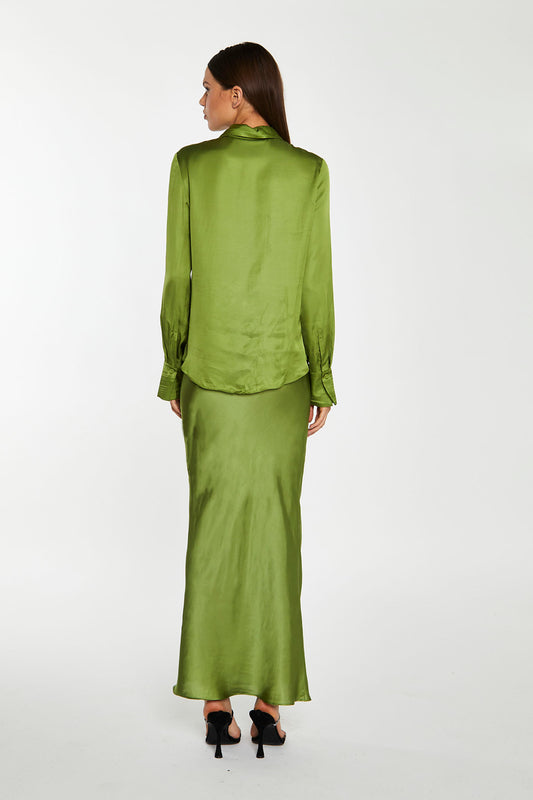 Dark-Apple Green Bias-Cut Midi-Skirt
