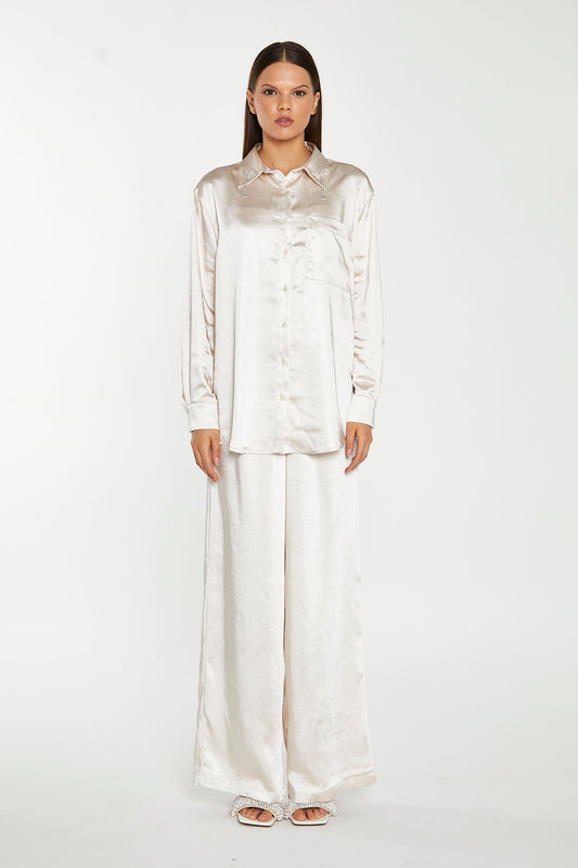 Champagne-Satin Diamante-Bow Shirt