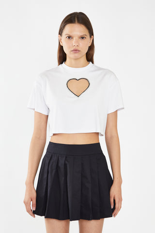 White Embellished Heart Cut-Out Crop-Top