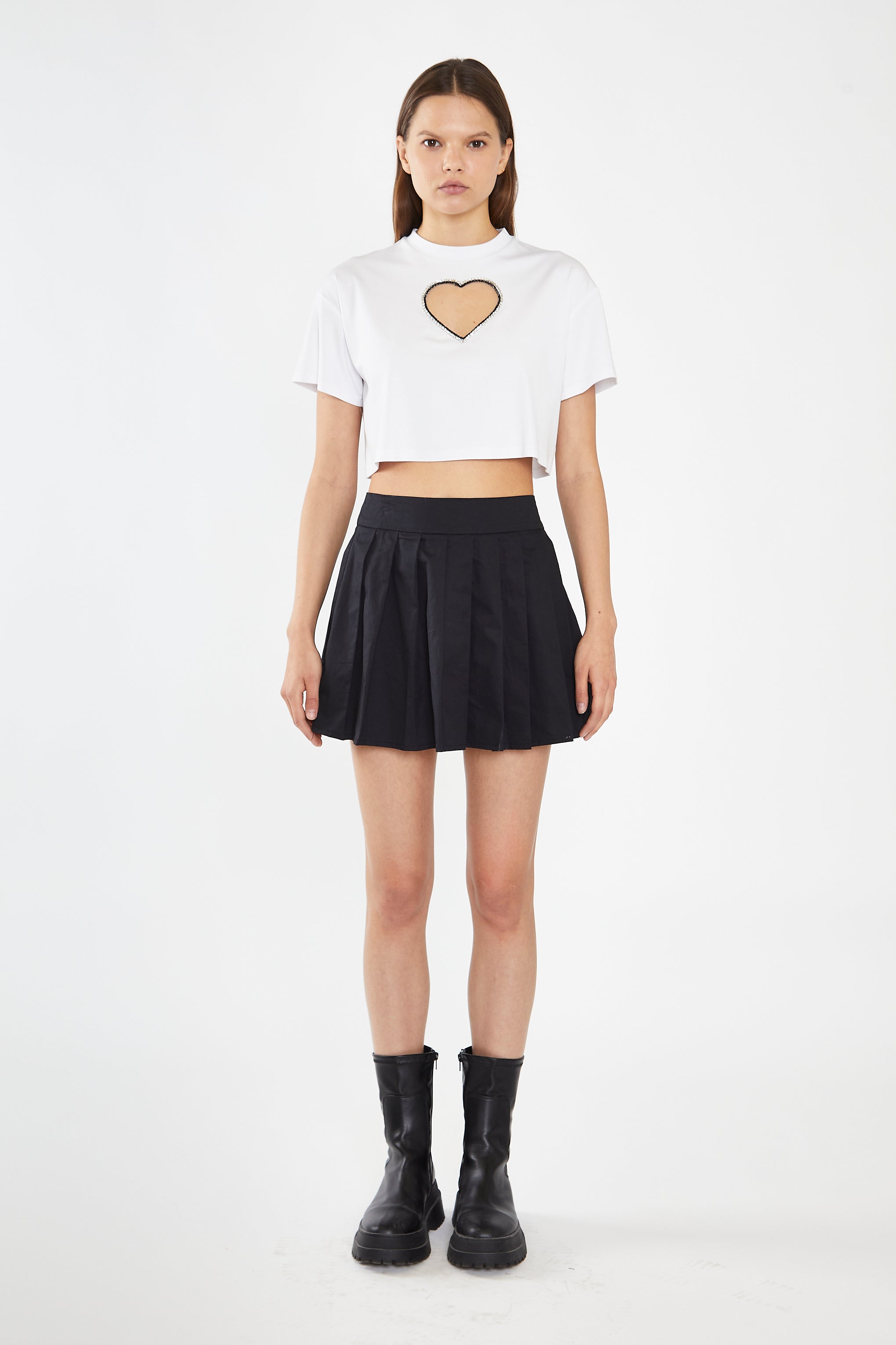 White Embellished Heart Cut-Out Crop-Top