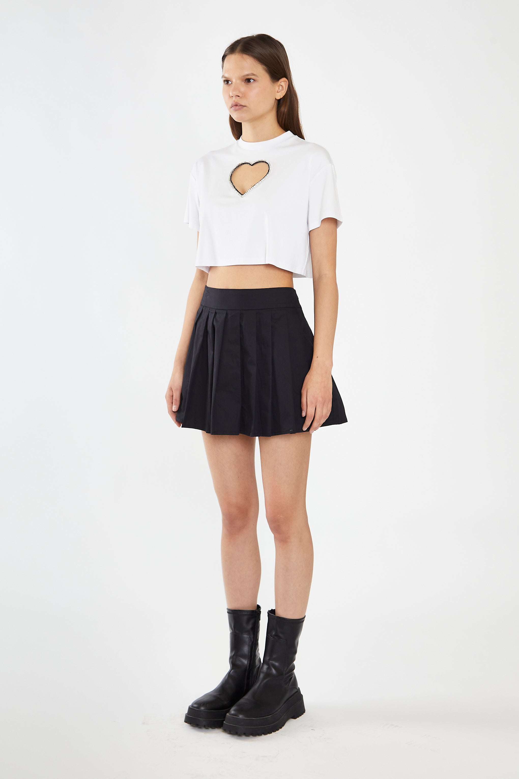 White Embellished Heart Cut-Out Crop-Top