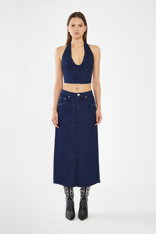 Indigo-Blue Front Split Denim Maxi-Skirt