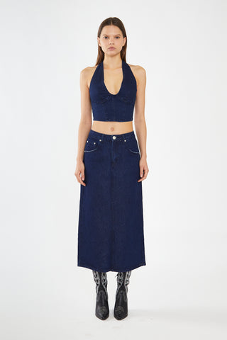 Indigo-Blue Front Split Denim Maxi-Skirt