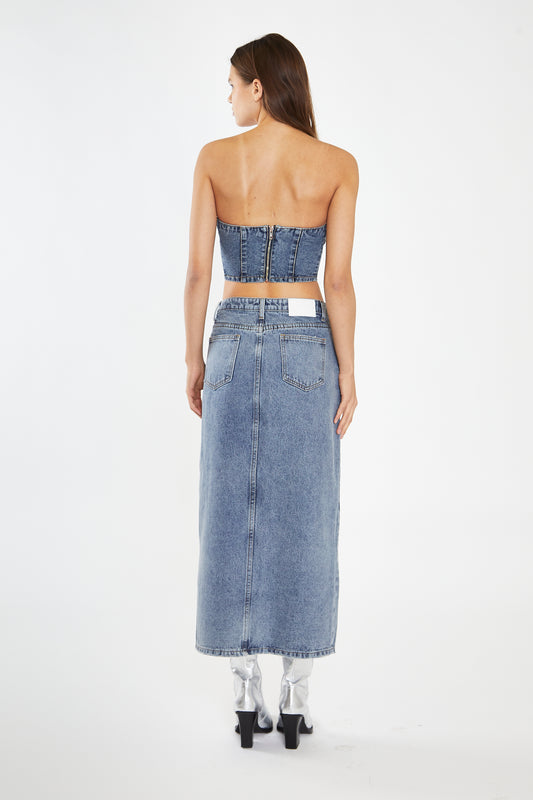 Heavy-Vintage Wash Front-Split Distressed Denim Midi-Skirt