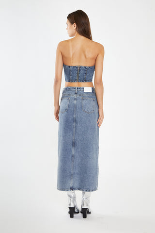 Heavy-Vintage Wash Front-Split Distressed Denim Midi-Skirt