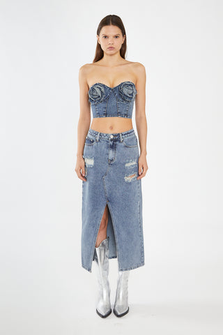 Heavy-Vintage Wash Front-Split Distressed Denim Midi-Skirt