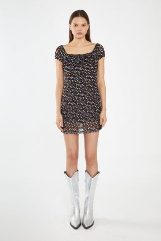 Black Fruit-Print Mesh Milkmaid Mini-Dress