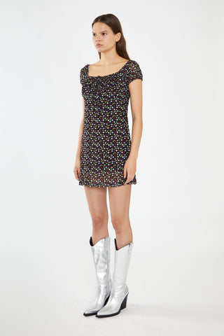 Black Fruit-Print Mesh Milkmaid Mini-Dress
