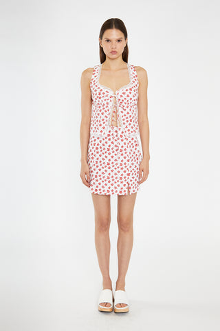 White-Red Daisy Lace Trim Tie-Front-Top
