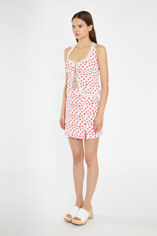 White-Red Daisy Lace Trim Tie-Front-Top