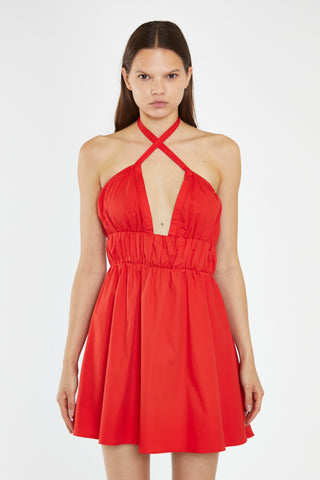 Poppy-Red Cross Over Halterneck Mini-Dress