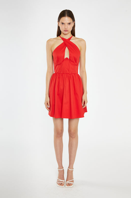 Poppy-Red Cross-Over Halterneck Corset Mini-Dress
