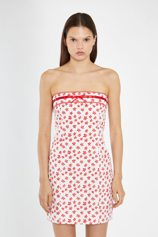 White-Red Daisy Fitted Bandeau Mini-Dress