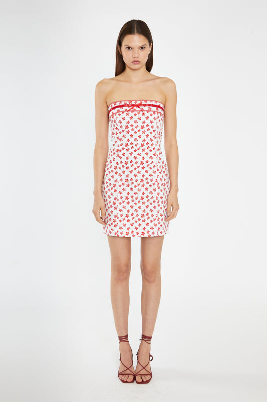 White-Red Daisy Fitted Bandeau Mini-Dress