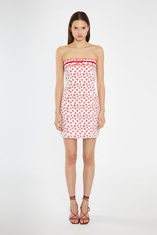 White-Red Daisy Fitted Bandeau Mini-Dress