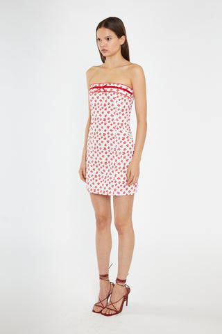 White-Red Daisy Fitted Bandeau Mini-Dress
