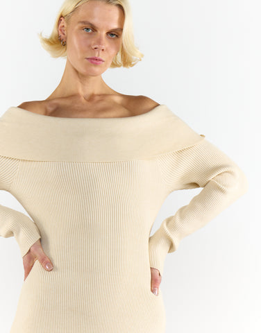 Light-Stone Bardot-Knitted Midi-Dress