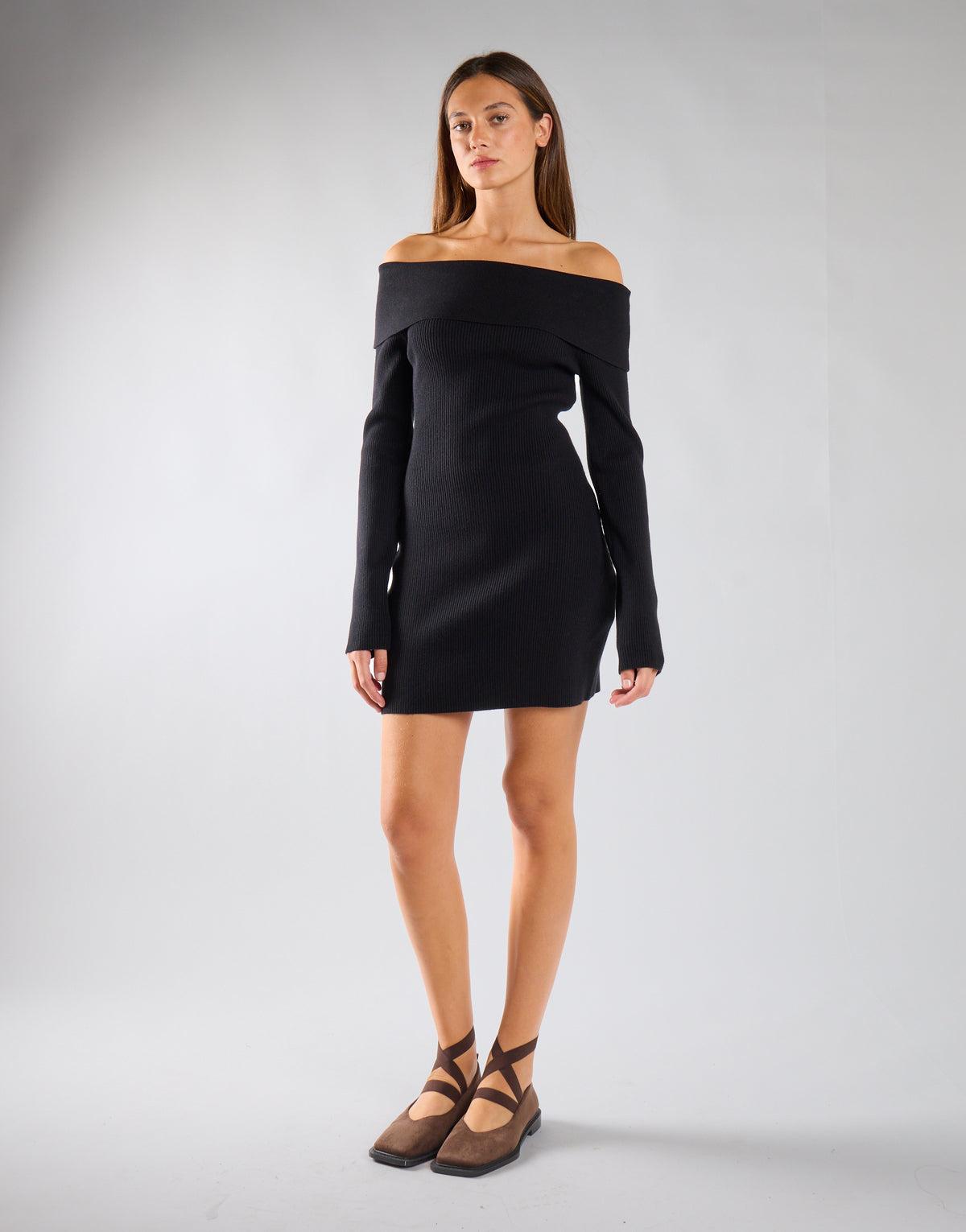 Black Knit Ribbed Long Sleeve Bardot Mini Dress