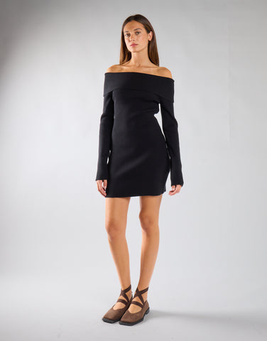 Black Knit Ribbed Long Sleeve Bardot Mini Dress