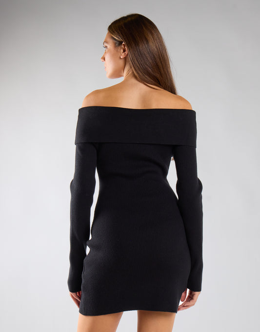 Black Knit Ribbed Long Sleeve Bardot Mini Dress